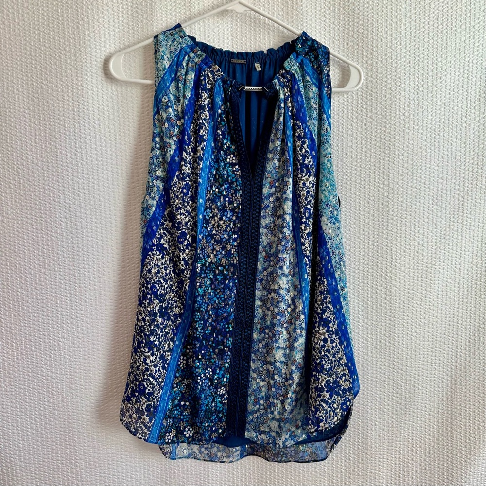 ELIE TAHARI Blue Floral Silk Metallic Sleeveless Blouse Women’s Medium Vintage